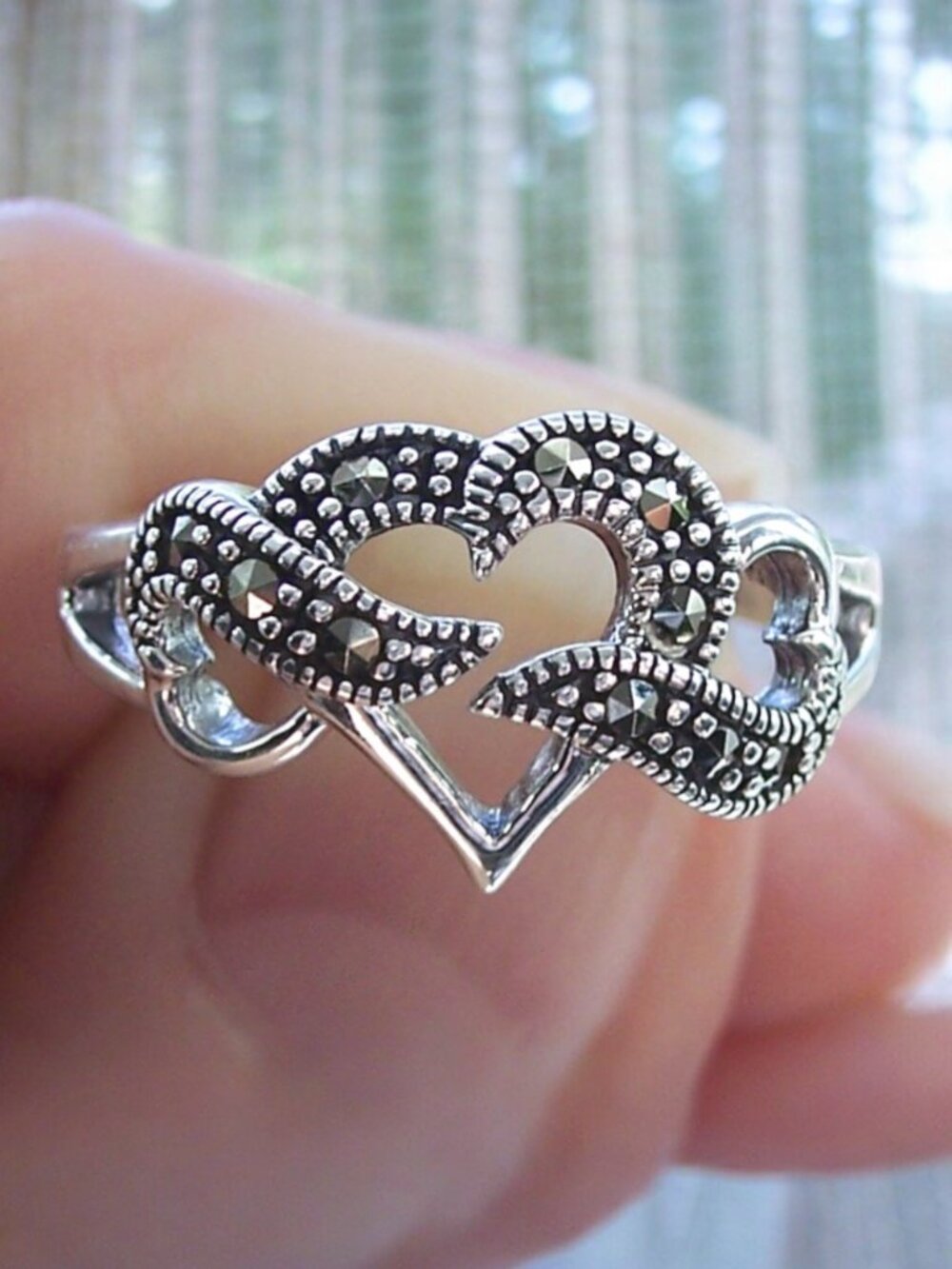 925 STERLING SILVER Triple Heart Marcasite Ring